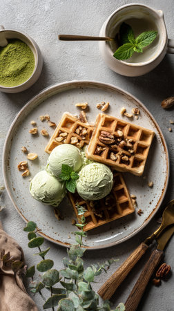 A tempting dessert features freshly made waffles topped with nuts and three scoops of green tea ice cream, placed on a decorative plate. Fresh mint and tea add a calming touch.の素材