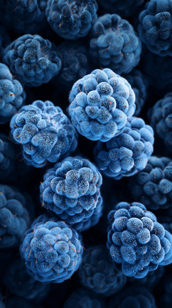 Fresh blueberries and blackberries are frozen, showing a mix of textures and colors ideal for smoothies or desserts. The intricate shapes highlight their natural beauty.の素材