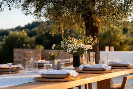 A beautifully arranged outdoor dining table is adorned with fresh flowers and elegant tableware. The warm light of the golden hour enhances the tranquil surroundings of nature.の素材