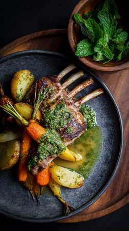 Lamb chops seasoned with herbs are grilled to perfection, served with tender roasted potatoes and carrots, accompanied by a fresh mint garnish and a sauce on the side.の素材