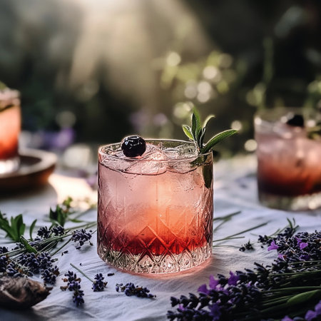 A crystal glass filled with a lavender cocktail showcases vibrant colors and ice, surrounded by fresh lavender sprigs, capturing the essence of a sunny garden gathering.の素材