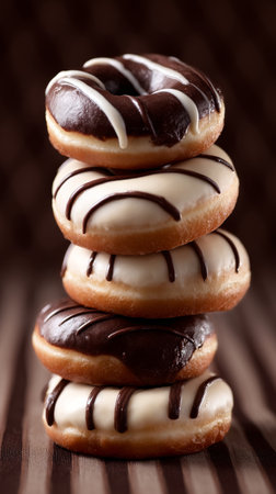 A tempting stack of four donuts features chocolate and cream frosting drizzled with thin lines of icing, placed on a wooden surface with a rich background.の素材
