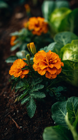 Vibrant orange marigolds rise above lush green cabbage leaves in a well-kept backyard garden during late spring. The sun gently illuminates the flowers, enhancing their color.の素材