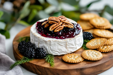 A round brie cheese sits atop a wooden board, adorned with blackberries and pecans, accompanied by crispy crackers on the side, creating an inviting snack display.の素材