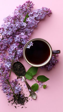 A steaming cup of dark liquid sits surrounded by blooming lilac flowers and loose tea leaves on a soft pink backdrop, creating an inviting and calming atmosphere.の素材