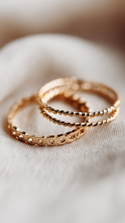 Three gold rings with distinctive designs laid on a textured, soft fabric. The warm light highlights their elegance, creating a charming accessory display perfect for fashion enthusiasts.の素材