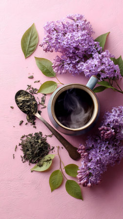 Steam rises from a cup of herbal tea placed on a pastel pink surface, surrounded by fresh lilac flowers and dried leaves arranged artistically for a soothing aesthetic.の素材