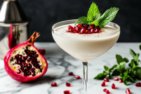 A refreshing cocktail featuring creamy texture, topped with pomegranate seeds and mint leaves. The drink is presented in a stylish glass on a marble surface, alongside fresh pomegranates.の素材