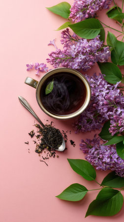 Steam rises from a cup of herbal tea placed on a pastel pink surface, surrounded by fresh lilac flowers and dried leaves arranged artistically for a soothing aesthetic.の素材