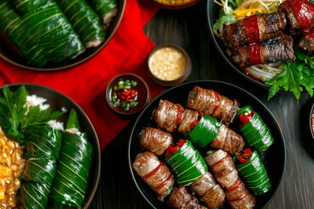 Colorful assortment of traditional dishes displayed on a table during a cultural celebration. The vibrant colors and textures highlight the culinary delights of the event.の素材