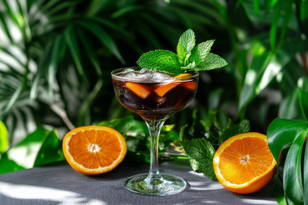A vibrant red cocktail is elegantly served in a coupe glass with mint leaves on top, alongside a halved orange, surrounded by rich green foliage.の素材