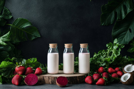 Colorful bottles filled with various juices are lined up against a dark background. Fresh ingredients like strawberries, beets, and coconut complement the vibrant drink selection.の素材