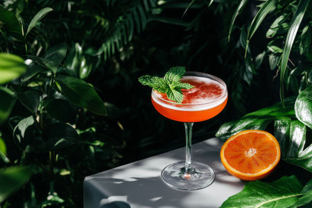 A vibrant red cocktail is elegantly served in a coupe glass with mint leaves on top, alongside a halved orange, surrounded by rich green foliage.の素材