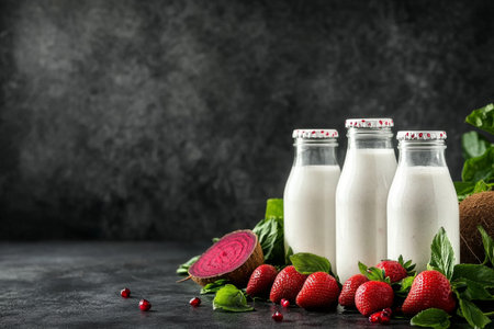 Two glass bottles filled with creamy liquid are placed next to ripe strawberries and fresh coconut on a stone surface. Tropical leaves add a vibrant touch to the arrangement.の素材