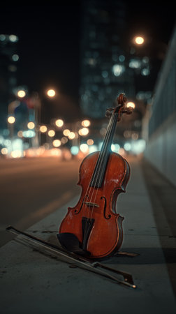 A violin leans against a metal stand on an empty sidewalk at night. City lights glow in the background, creating a vibrant urban atmosphere.の素材