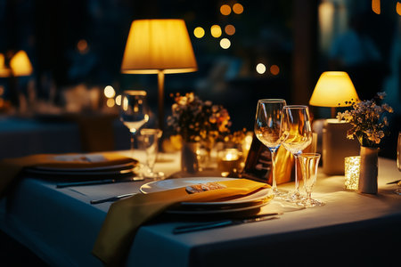 Elegant tables are set for a romantic dinner by the river. Soft lights and fresh flowers create a cozy atmosphere as the sun sets, inviting guests to enjoy a delightful meal.の素材