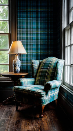 A comfortable plaid armchair sits beside a wooden table in a cozy corner. A decorative lamp and a floral vase contribute to the inviting atmosphere during the day.の素材