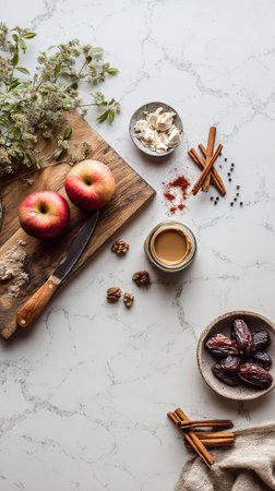 A wooden cutting board showcases sliced apple and cinnamon sticks. Surrounding it are bowls with spices, nut butter, oats, and dates, capturing a cozy cooking moment.の素材