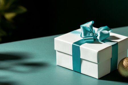 A beautifully wrapped gift box rests on a light gray surface. The box is white and tied with a glossy teal ribbon, creating a striking visual contrast.の素材