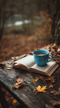 A blue mug filled with coffee sits beside an open book on a wooden table, surrounded by vibrant autumn leaves drifting in the breeze. The setting exudes tranquility.の素材