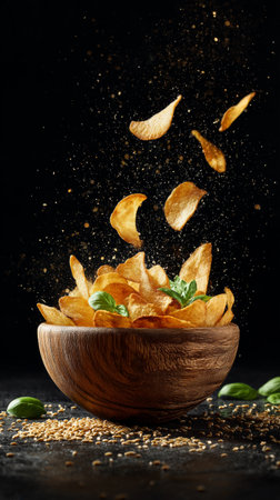 Crispy chips are soaring above a rustic wooden bowl filled with more chips, surrounded by fresh herbs and sesame seeds on a dark surface.の素材