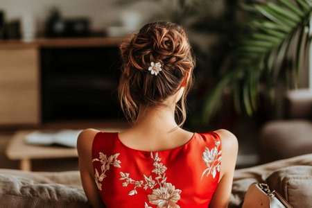 A woman sits on a couch at home, wearing a vibrant red dress adorned with flowers, her hair styled neatly with a decorative clip. Sunlight fills the inviting room.の素材