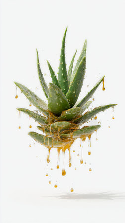 Aloe vera leaves float above a white surface while glistening droplets of golden nectar drip down. The vibrant green plant highlights its natural beauty and texture.の素材