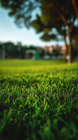 Lush green grass covers the ground in a park during the golden hour. Sunlight softly illuminates the area, highlighting the trees in the background.の素材