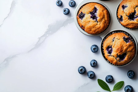 Blueberry muffins arranged neatly next to a bowl filled with fresh blueberries on a marble surface, showing a delightful baked treat ready for enjoyment.の素材