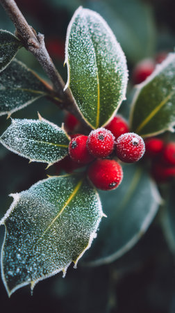 A close-up view of frosty holly leaves and bright red berries in a winter garden during a cold morning, showing the beauty of nature in the chilly season.の素材