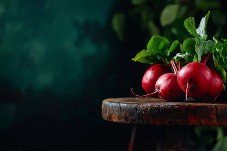 A bunch of vibrant red radishes sits on a rustic wooden table, showing their green leaves against a moody dark kitchen backdrop. Perfect for a farm-to-table theme.の素材