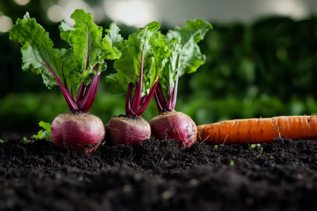 Vibrant beets and a bright orange carrot emerge from dark soil, showing the freshness of farm produce in a stunning display of colors.の素材