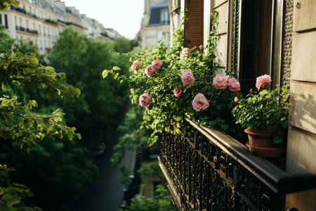 Pink roses adorn a balcony in a charming Parisian street. Lush greenery fills the view, creating a serene and vibrant atmosphere in the morning sun.の素材
