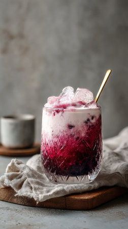 A colorful drink showcases layers of purple and white, topped with ice. A golden spoon rests inside the glass, while a small cup is placed in the background on a rustic wooden surface.の素材