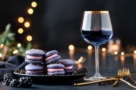 Gathered on a stylish plate, black macarons are filled with rich chocolate while a blue drink glimmers nearby. Golden decorations add a touch of elegance to the setting.の素材