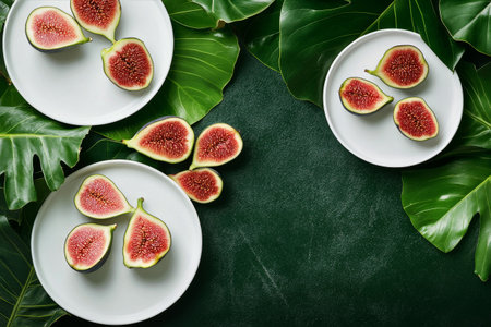 Sliced figs arranged on white plates are surrounded by large green tropical leaves, creating a refreshing and vibrant display.の素材