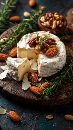 A cheese platter featuring a round wheel of soft cheese topped with nuts and garnished with fresh herbs. The setting is a rustic wooden board with a warm atmosphere.の素材