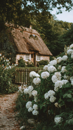 A quaint thatched cottage nestled among lush greenery features a white picket fence. Vibrant white hydrangeas bloom in the foreground, creating a tranquil garden atmosphere.の素材