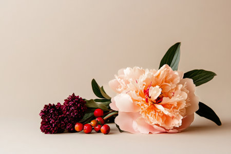 A delicate arrangement features a peach peony and deep maroon flowers alongside vibrant red berries.の素材