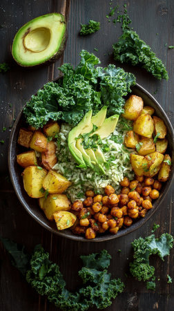 A vibrant vegan bowl features roasted potatoes, seasoned chickpeas, fresh kale, and creamy avocado on top of rice. The meal is arranged neatly on a rustic wooden surface.の素材