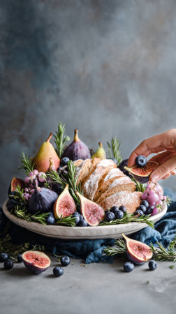 A delightful assortment of fresh fruits including figs and blueberries complements sliced bread on a rustic platter.の素材
