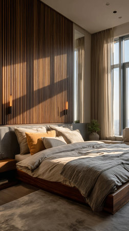 Soft morning light falls across a modern bedroom featuring a plush bed, warm wood accents, and serene decor elements, creating a calming and inviting atmosphere.の素材