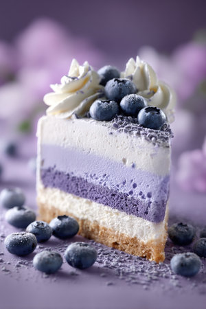 A slice of creamy dessert features multiple layers of blueberry and vanilla flavors, topped with whipped cream and fresh blueberries. The background is decorated with soft purple hues.の素材