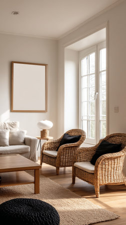 Natural light fills a cozy living room featuring a comfortable sofa, woven chairs, and a minimalist decor. Ideal space for relaxing or socializing during the day.の素材