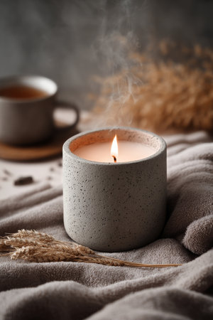 Soft candlelight flickers beside a cup of herbal tea on a textured blanket. Dried flowers and wheat enhance the warm, inviting ambiance during a chilly evening indoors.の素材