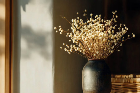 A chic vase holds a delicate arrangement of dried flowers, casting soft shadows on a bright wall. The sunlight enhances the natural beauty of the floral display.の素材