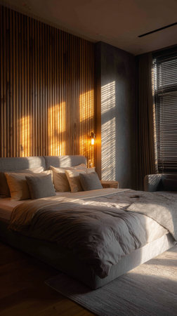 Soft sunlight filters through blinds, creating a warm atmosphere in a contemporary bedroom with a neatly made bed and wooden accents, ideal for relaxation and comfort.の素材