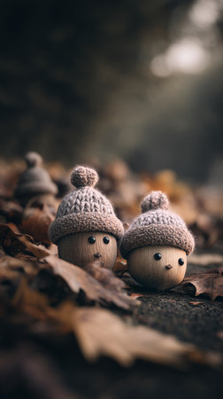 Two handcrafted figures wearing knitted hats and scarves stand closely together among fallen autumn leaves and acorns, surrounded by natures tranquil beauty.の素材