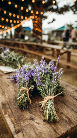 Beautiful lavender bundles are tied with twine and placed on a wooden table under string lights at an outdoor market. Visitors enjoy the vibrant atmosphere.の素材