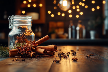 Cinnamon sticks and star anise are spread across a rustic wooden table, surrounded by a cozy ambiance created by warm decorative lights in the background.の素材